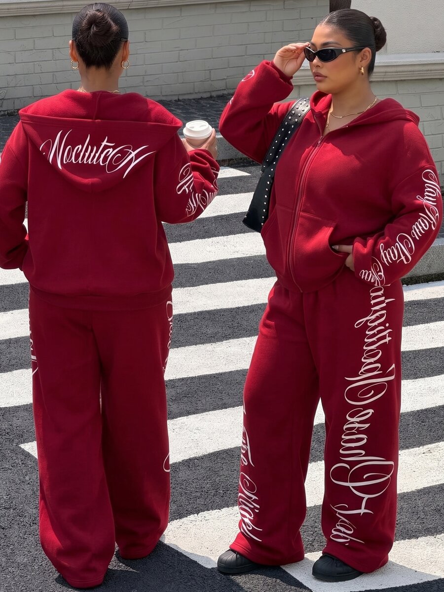 Muchica Plus Size Women's Letter Print Zip-Up Hoodie And Sweatpants Casual 2 Pieces Set - Burgundy - View 1
