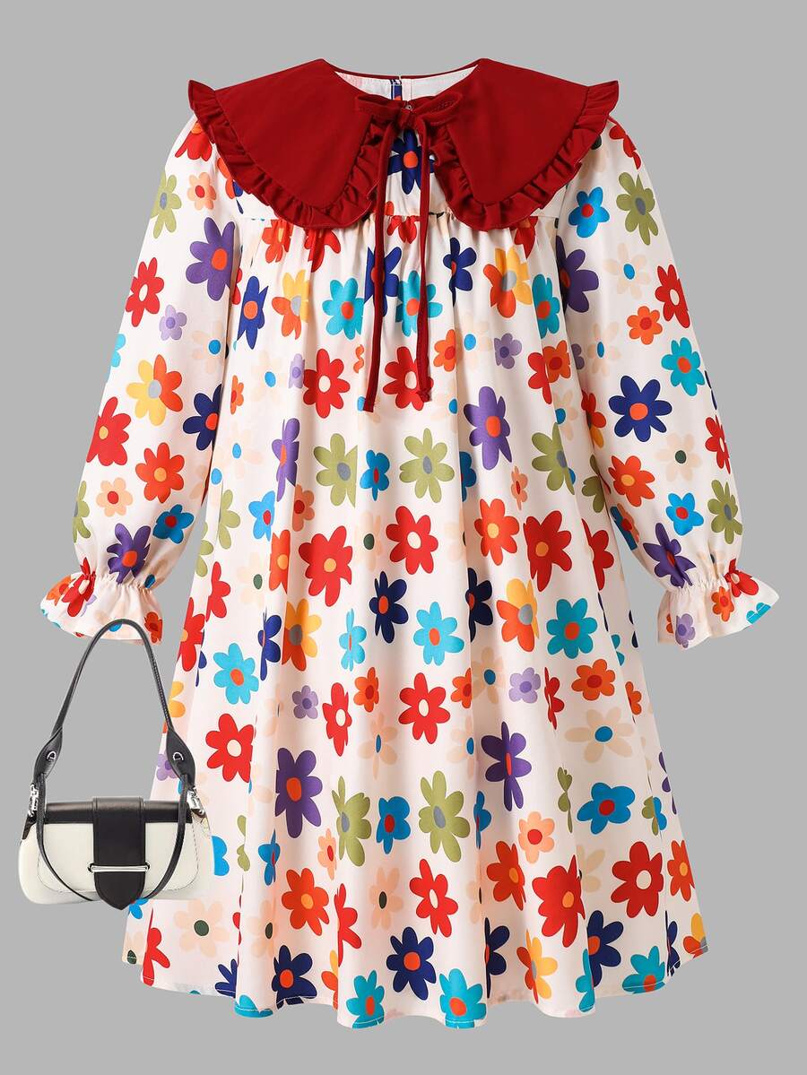 SHEIN 少女花卉印花休閒日常夏季洋裝 - 紅色 - 查看 1