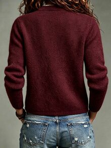 SHEIN 新款秋季復古皇家拿破崙風格女款針織開襟衫，飾領、華麗鈕扣裝飾、前拉鍊設計 - 酒紅色 - 查看 2