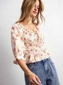 Willow Rêve Blus Wanita Motif Bunga Aprikot Kecil Lengan Sedang Leher Lebar dengan Potongan Pinggang yang Mengencangkan - MultiWarna - View 4