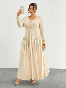 Firerie Plus Size Soft Style Lace Patchwork Pleated Dress - Apricot - View 9