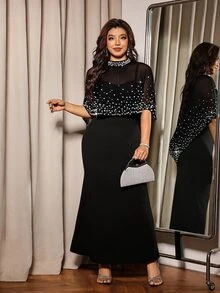 Elaquor Plus Size Elegant Spaghetti Strap Dress And Beaded Cape Set - Black - View 3