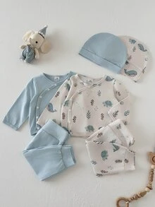 SHEIN 新生兒圓領長袖上衣與長褲休閒日常套裝 - 彩色 - 查看 1