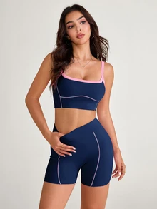 SHEIN Sovereign Charm 女款拼色細肩帶背心上衣與短褲休閒日常運動套裝 - 彩色 - 查看 5
