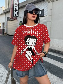 Betty Boop x SHEIN Plus Size Women's Cartoon Print Casual Short Sleeve T-Shirt For Daily Wear - White - View 8