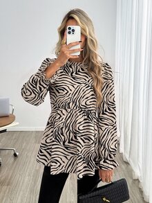 Easowa 女款休閒斑馬紋秋冬日常基本襯衫，休閒女式襯衫，女款社交襯衫，女性節慶穿搭，豹紋 - 彩色 - 查看 3