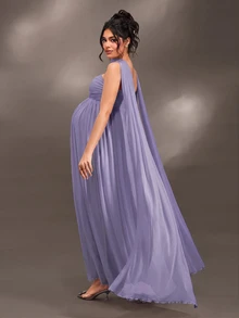 Cheriluna Maternity Elegant Ruffle Detail Solid Color Off-Shoulder Sleeveless Maternity Dress For Baby Shower, Christmas Party - Purple - View 8