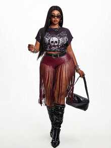 Maweii Plus Size Fashion Sexy Tassel Elastic Leather Shorts - Red - View 6