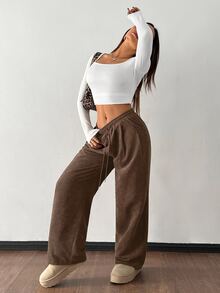 SHEIN PETITE 女款秋冬街頭時尚休閒復古燈芯絨紋理寬鬆長褲，小個女款上班通勤咖啡棕色 - 摩卡棕 - 查看 4