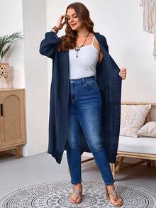 SHEIN Tall CURVE 大尺碼女款秋冬辦公晚餐外出長款開襟黑色大衣，商務休閒風 - 藏蓝色 - 查看 9