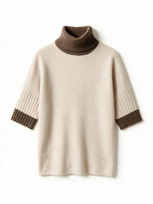SHEIN New Spring Fall Sophisticated Turtleneck Knit Top Women Ribbed Cuff Elbow Sleeve Relaxed Straight Hem - Apricot - View 3