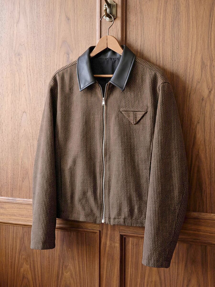 SWAVVY Men's Woven Fashion Casual Loose Long Sleeve Zip-Up Shirt - Khaki - View 1