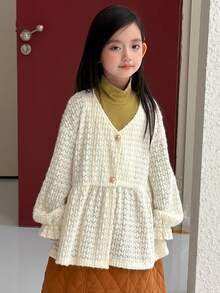 Dazy Kids Tween Girl V-Neck Single-Breasted Dropped Shoulder Long Sleeve Loose Fit Blouse - Beige - View 5