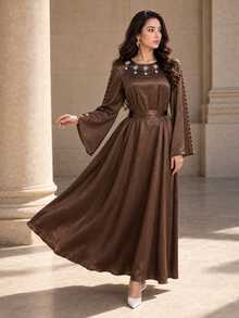 Graceveil Elegant Brown Textured Satin Long Sleeve Round Neck Tie-Front Arabian Dress, Embellished With Rhinestones At Neckline, Women's Luxury Robe - Brown - View 5