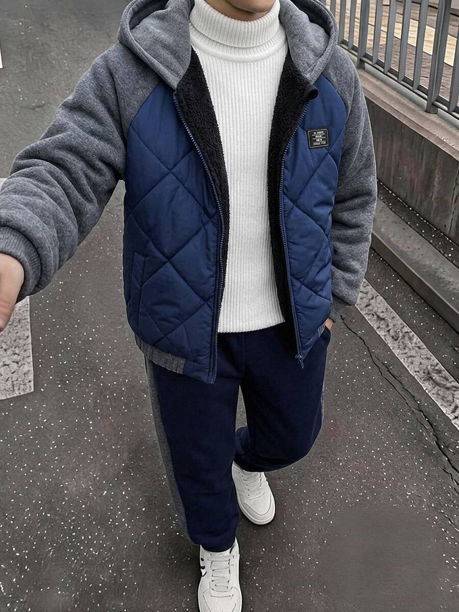 SHEIN Little Byeori Boys Colorblock Padded Casual Kids Sports Long Sleeve Set, Padded Winter Jacket + Fleece Sweatpants - Royal Blue - View 1