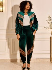 BrightlyHer Plus Size Green Pocket Zip Lapel Collar Long Sleeve Two Pieces Set Elegant Formal Fall Winter 2026 - Green - View 4
