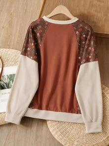 Rusticease Plus Size Brown Round Neck Half Sleeve Sweatshirt Casual Streetwear Summer 2026 Thanksgiving Vacation Beach - Brown - View 3
