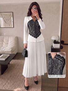 Modelyn New Woven Cardigan Long Sleeve Lace Patchwork Design Pleated Bottom Elegant Commute Fashion Versatile Long Women's 2 Pieces Set - White - View 1