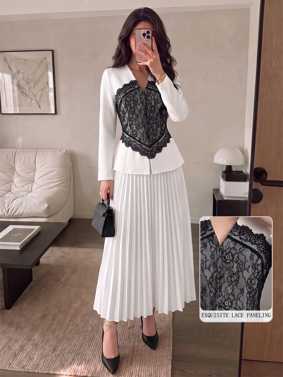 Modelyn New Woven Cardigan Long Sleeve Lace Patchwork Design Pleated Bottom Elegant Commute Fashion Versatile Long Women's 2 Pieces Set - White - View 1