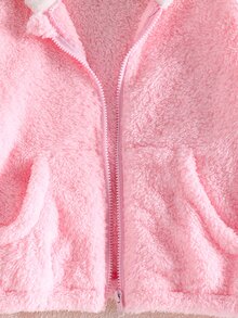 SHEIN 1件女童柔軟可愛毛絨夾克，拼色連帽拉鍊口袋短外套，柔軟舒適，適合露營、旅行、日常穿著，秋冬款 - 粉色 - 查看 5
