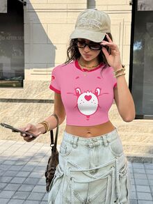 SHEIN X Care Bears 女款卡通印花拼色休閒日常短袖T恤 - 白色 - 查看 8