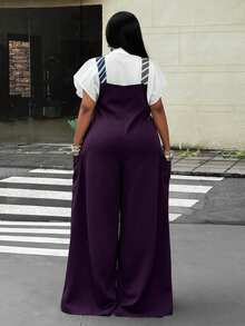 Mawevolt Plus Size Fashion Commuter Striped Suspender Jumpsuit Fall - Purple - View 6
