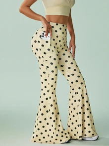 Sovereign Charm Women's Polka Dot Print Flare Leg Sports Pants With Pockets - Light Yellow - View 3