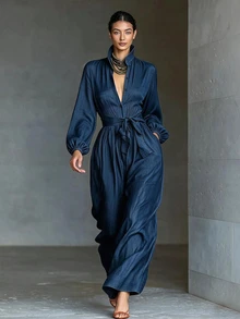 SHEIN Women's Solid Color Waist Knot Casual Daily Wear Wide Leg Jumpsuit - Navy Blue - View 3