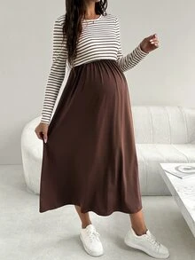 SHEIN Maternity Patchwork Striped Round Neck Long Sleeve Casual Dress - Brown - View 4