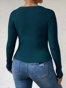 SHEIN LUNE CURVE Women's Minimalist Básica Casual Round Neck Ribbed Knit Long Sleeve Pullover Sweater, Fall/ Formal Office Teal Fall Winter - Blue - View 2