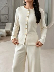 Rue Lumi Knitted Round Neck Commuter Wide Leg Pants Set Women Solid Color Top 2 Pieces Set - Beige - View 4