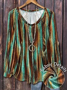 Linhara Baju Wanita Ukuran Besar Musim Gugur/Dingin Minimalis Serbaguna Retro Multi-Warna Bahan Fleece Korea Motif Acak Lengan Panjang Leher Bulat Desain Lipit Cocok Untuk Dipakai di Musim Gugur/Dingin - MultiWarna - View 1