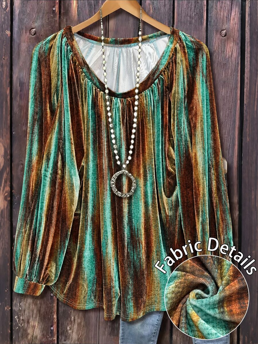 Linhara Baju Wanita Ukuran Besar Musim Gugur/Dingin Minimalis Serbaguna Retro Multi-Warna Bahan Fleece Korea Motif Acak Lengan Panjang Leher Bulat Desain Lipit Cocok Untuk Dipakai di Musim Gugur/Dingin - MultiWarna - View 1