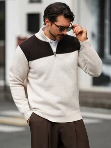 Manfinity Homme 男士秋冬半拉鍊保暖內裡毛衣 - 米色 - 查看 6