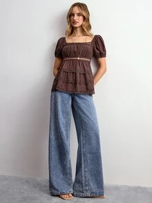 Willow Rêve Blus Renda Berkerut Manis untuk Liburan Wanita, Cocok untuk Kencan - Coklat - View 3