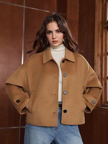 Anewsta Women's Double-Sided Wool Handmade Button Long Sleeve Coat - Camel - View 4
