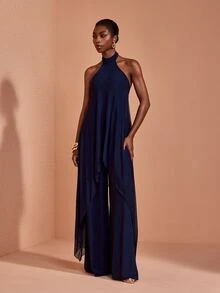 JIAN LASALA Mesh Halter Neckline Sleeveless Uneven Ruffle Hemline Long Jumpsuit Elegant Vacation - Blue - View 6