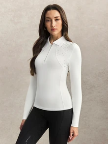 Activina Women's Solid Color Rhinestone Design Long Sleeve Sports Polo Shirt - White - View 3