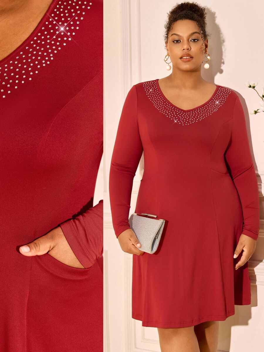 BrightlyHer Plus Size Burgundy Rhinestone V Neck Long Sleeve Dress Elegant Formal Party Evening Fall Winter 2026 Christmas - Burnt Orange - View 1