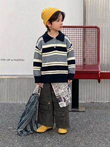 Dazy Kids Boys (Small) Polo Collar Striped Colorblock Thick Knit Sweater Top, Autumn/Winter - Grey - View 3