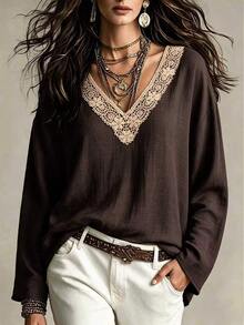 INAWLY Women's Contrast Lace V-Neck Drop Shoulder Long Sleeve Fashion Blouse - Brown - View 1