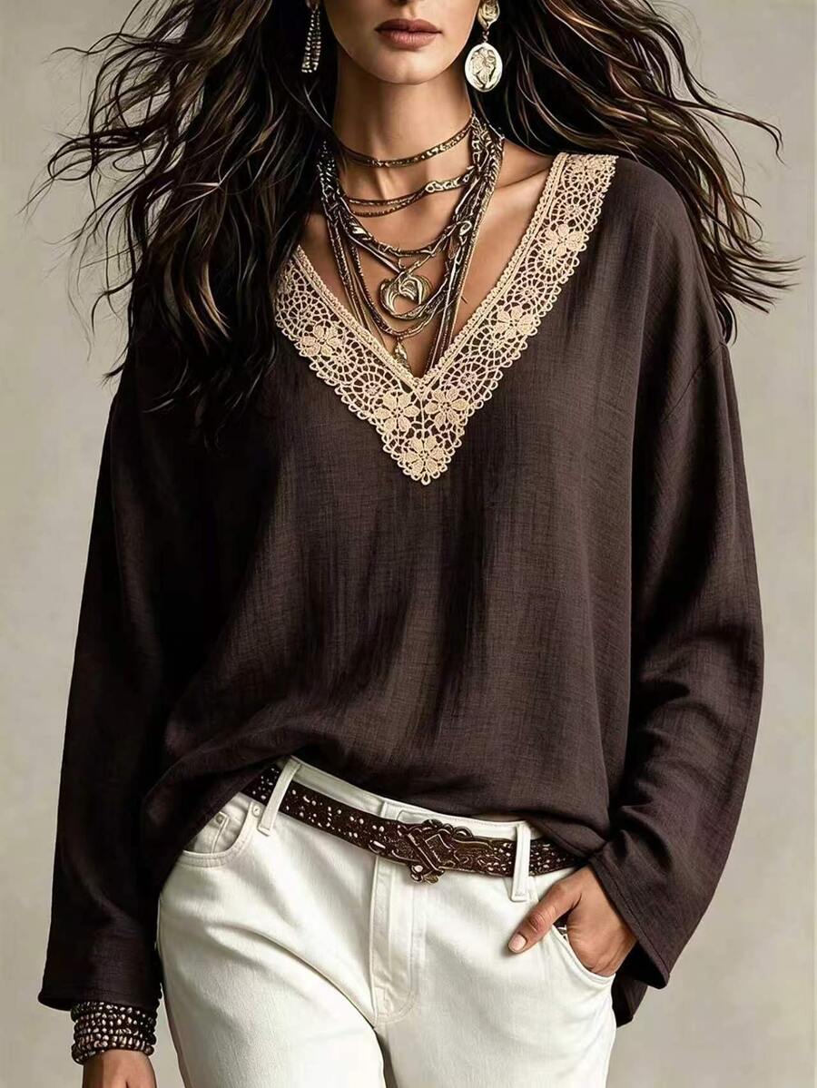 INAWLY Women's Contrast Lace V-Neck Drop Shoulder Long Sleeve Fashion Blouse - Brown - View 1