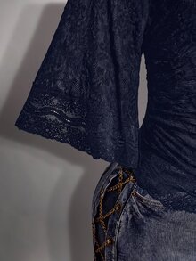 SHEIN ICON 大尺碼 Y2K 哥德風 優雅性感 V 領蕾絲拼接喇叭袖上衣 黑色 夏季 早午餐晚餐穿搭 - 藏蓝色 - 查看 6