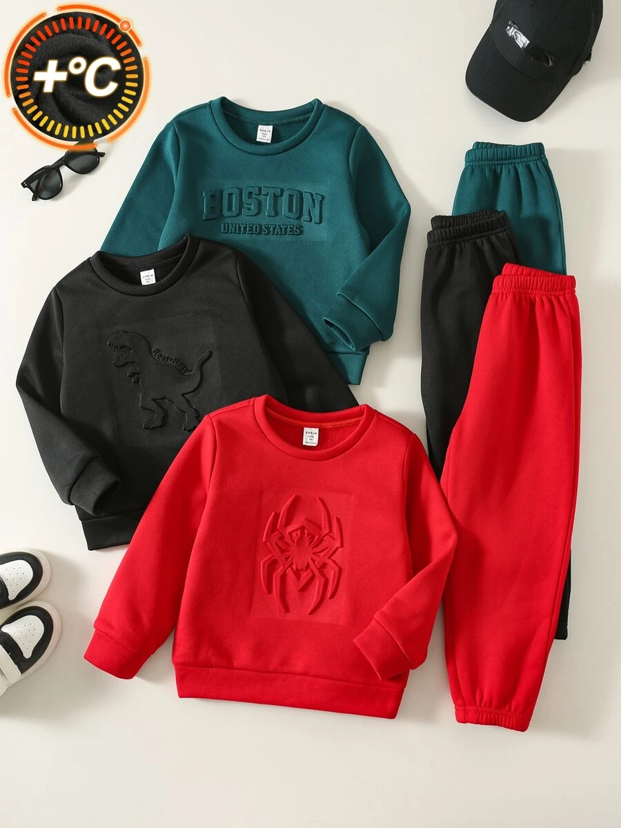 SHEIN 6件組兒童小男孩休閒可愛3D壓紋圓領長袖套頭衛衣與寬鬆鬆緊收口長褲2件套,3款各1件,適合通勤、上學、日常休閒、度假、旅行、運動,春、夏、秋、冬四季皆宜 - 彩色 - 查看 1