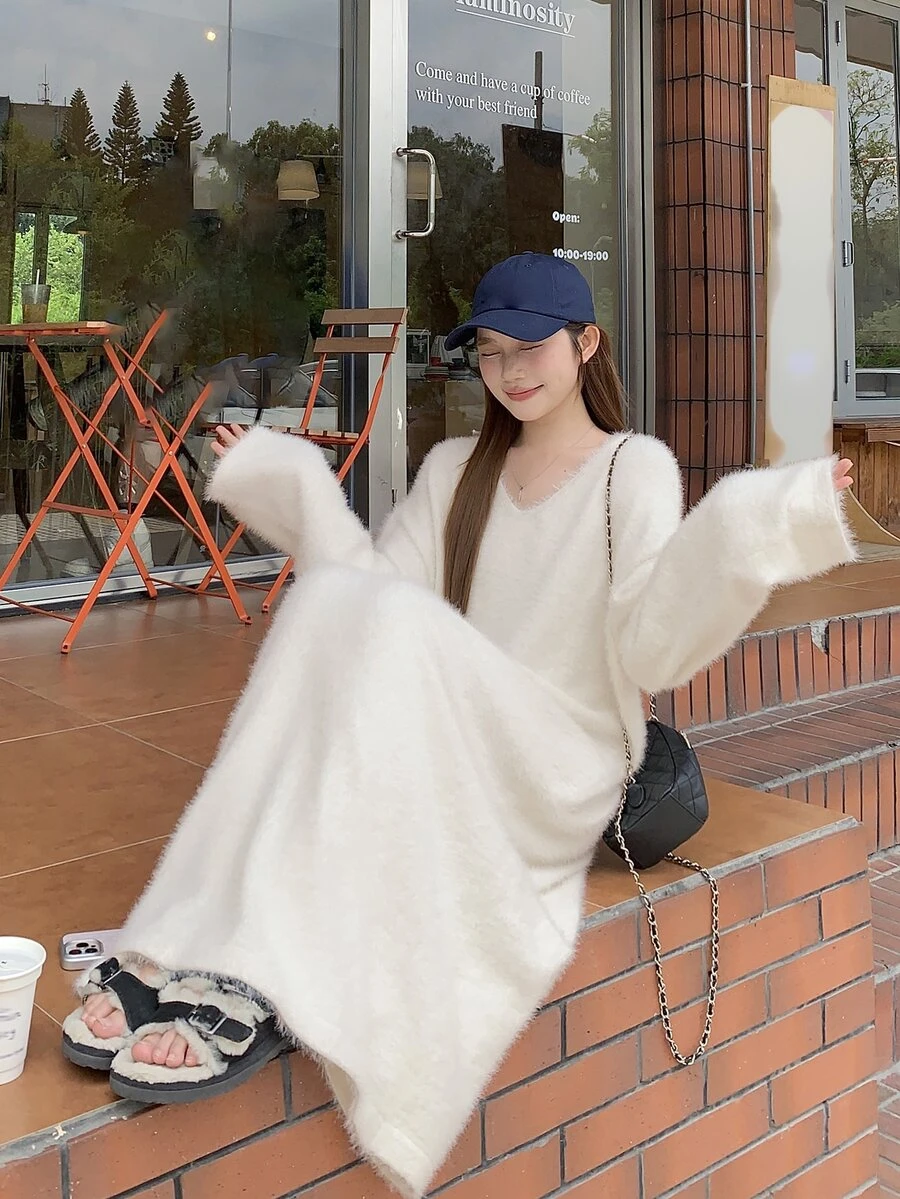 DAZY Women's Solid Color V-Neck Long Sleeve Casual Loose Knit Dress - Beige - View 1