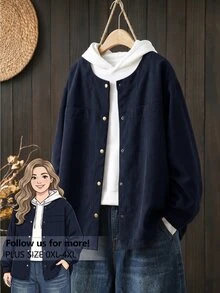 Rusticease 大尺碼女款素色長袖單排扣休閒寬鬆夾克外套 秋季 - 藏蓝色 - 查看 1