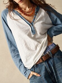 Bohemela 休閒針織拼色半開鈕扣前襟女款T恤 - 藍色 - 查看 6