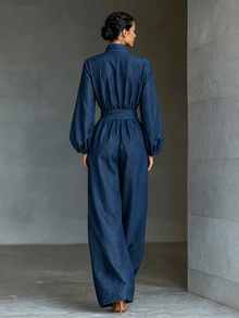 SHEIN Women's Solid Color Waist Knot Casual Daily Wear Wide Leg Jumpsuit - Navy Blue - View 2