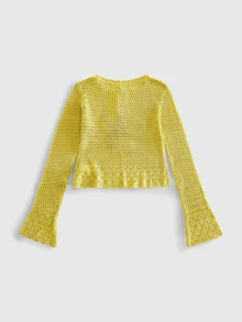 ROMWE Autumn/Winter Fairycore Semi-Hollow Crochet Butterfly Women's Sweater - Pale Yellow - View 2