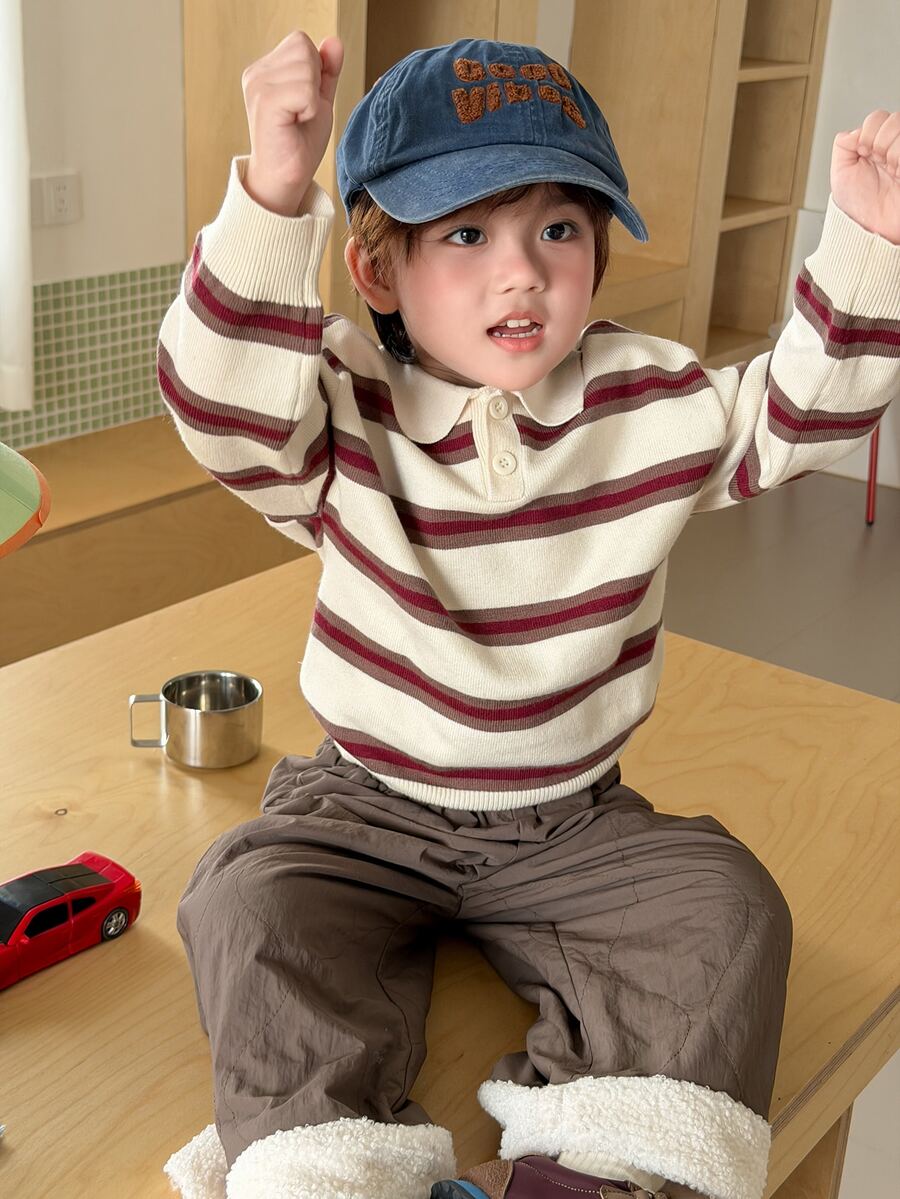DAZY Infant (Boy) Turn Collar Striped Korean Style Long Sleeve Sweater - Coffee Brown - View 1
